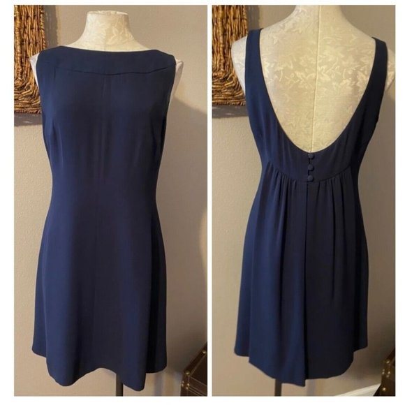 Escada Couture Dress Navy Blue 42 10 12 Low Plunge Open Back Silk Sheath - Picture 2 of 10